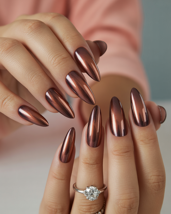 trendy cat eye nails 2026 Bronze Brown Mirror Finish