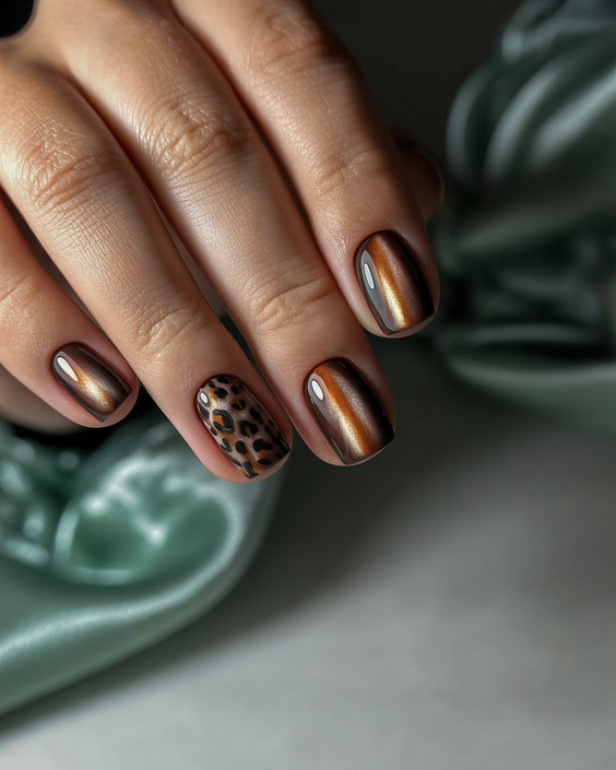 trendy cat eye nails 2026 Short Brown Leopard Design