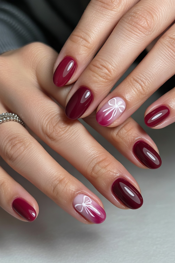 trendy cat eye nails 2026 Burgundy White Bow Art