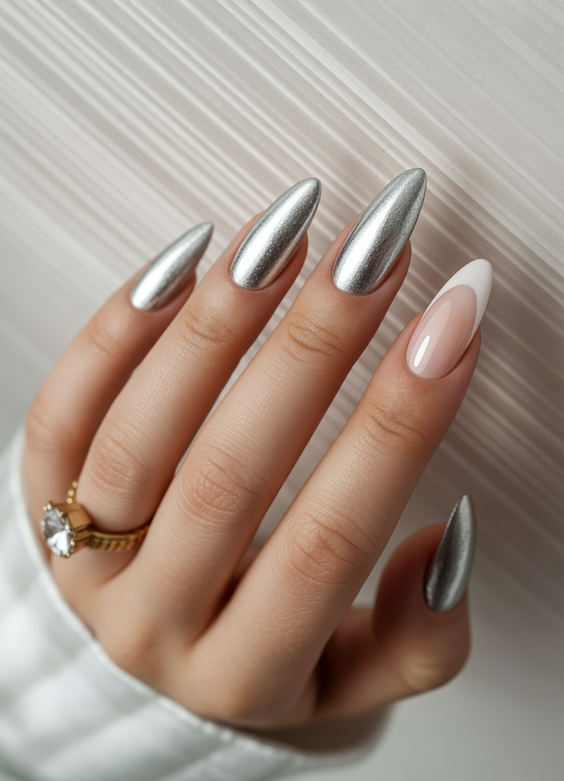 trendy cat eye nails 2026 Silver French Nude Design