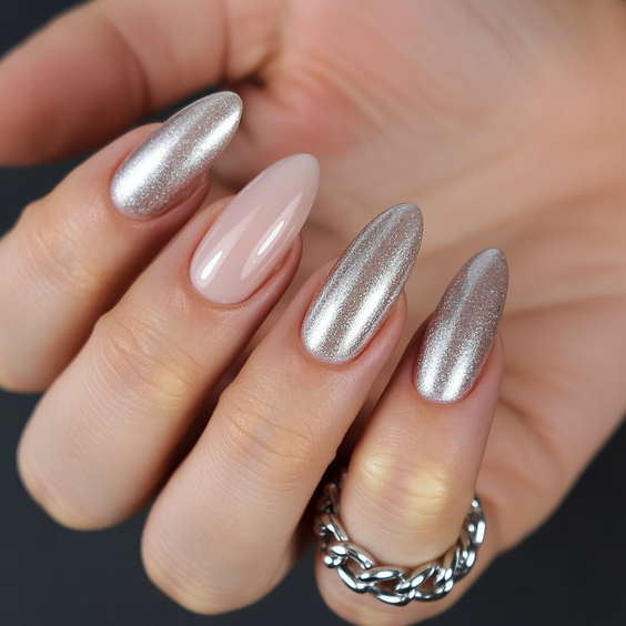 trendy cat eye nails 2026 Nude Silver Smooth Glow