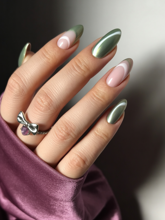 trendy cat eye nails 2026 Soft French Cat Eye Nails With Green Metallic Tips