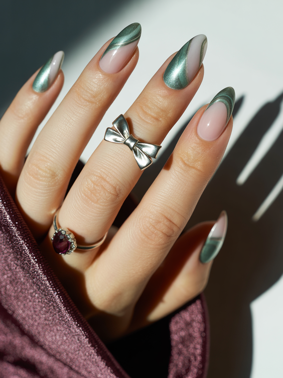 trendy cat eye nails 2026 Minimal Green Cat Eye Nails With a Clean Diagonal Flow