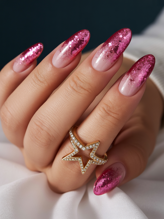 trendy cat eye nails 2026 Pink Ombre Cat Eye Nails With a Glitter Finish