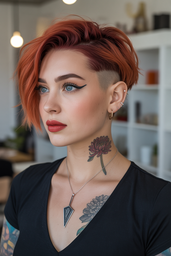 trendy haircuts 2026 side swept undercut bob with fiery copper