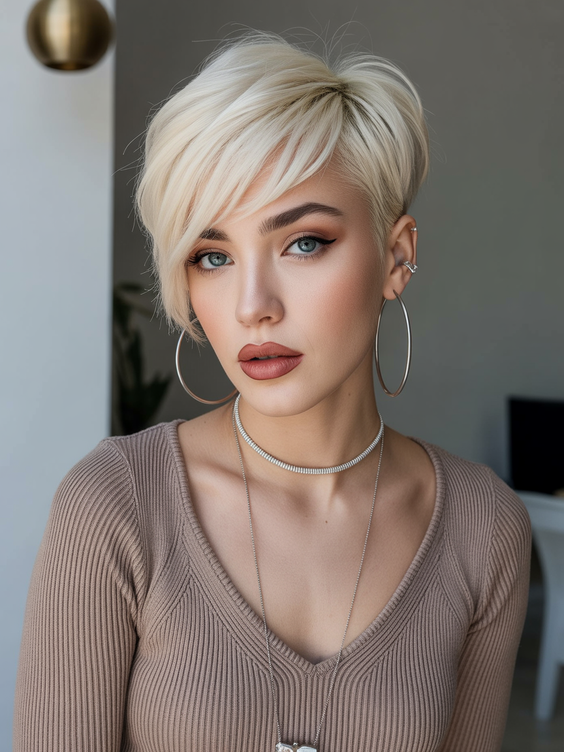 trendy haircuts 2026 platinum side swept pixie elegance