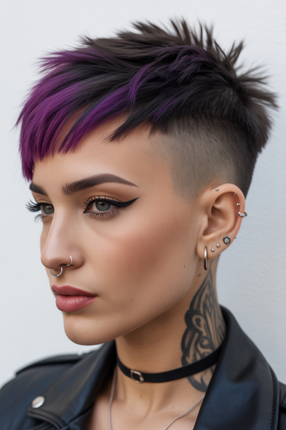 trendy haircuts 2026 punk inspired undercut pixie with purple edge