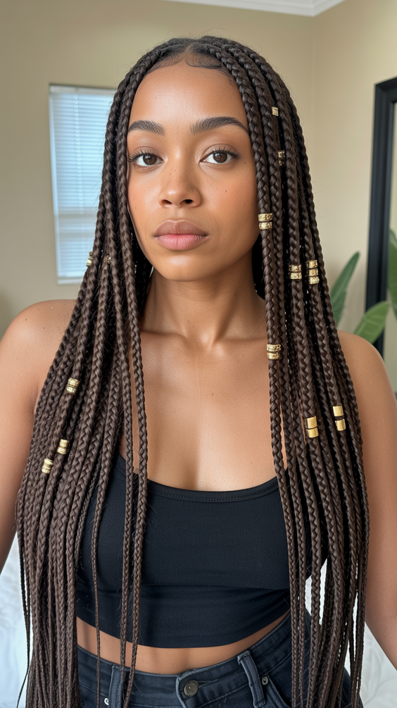 trendy hairstyles for black women 2026 golden accents on long braids