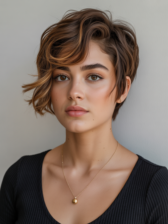 trendy hairstyles for chubby faces 2026 textured side swept pixie with warm highlights