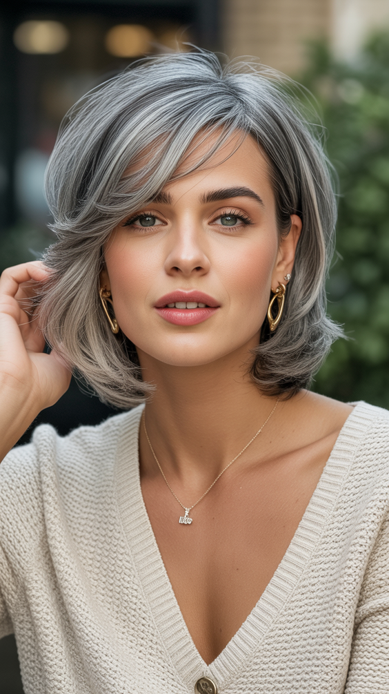 trendy hairstyles for chubby faces 2026 layered silver lob with soft outward flip