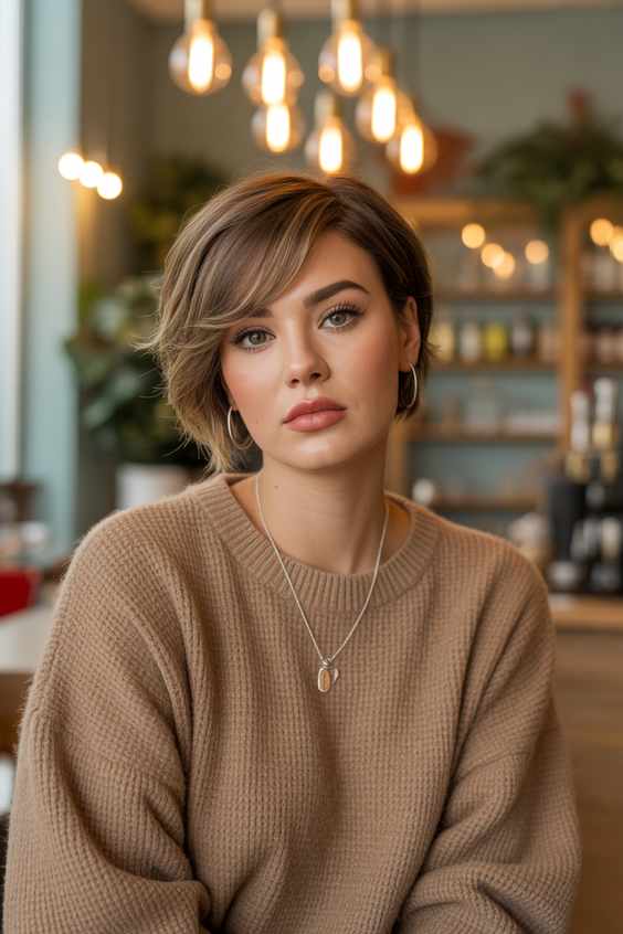 trendy hairstyles for chubby faces 2026 effortless side parted bob with blended warm tones