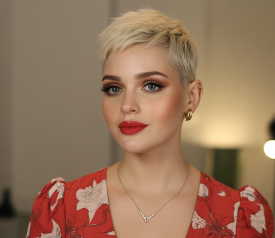 trendy hairstyles for chubby faces 2026 platinum pixie crop with soft texture