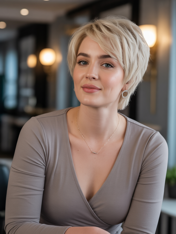 trendy hairstyles for chubby faces 2026 feathered blonde pixie bob with airy volume