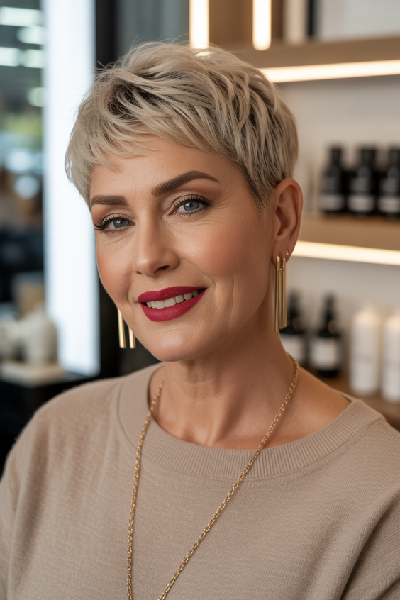 trendy hairstyles for chubby faces 2026 chic platinum pixie with soft layering