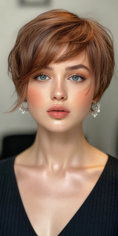 trendy hairstyles for chubby faces 2026 warm chestnut pixie bob with lifted fringe