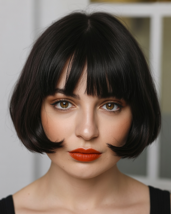 trendy hairstyles for chubby faces 2026 curved bob with polished full bangs