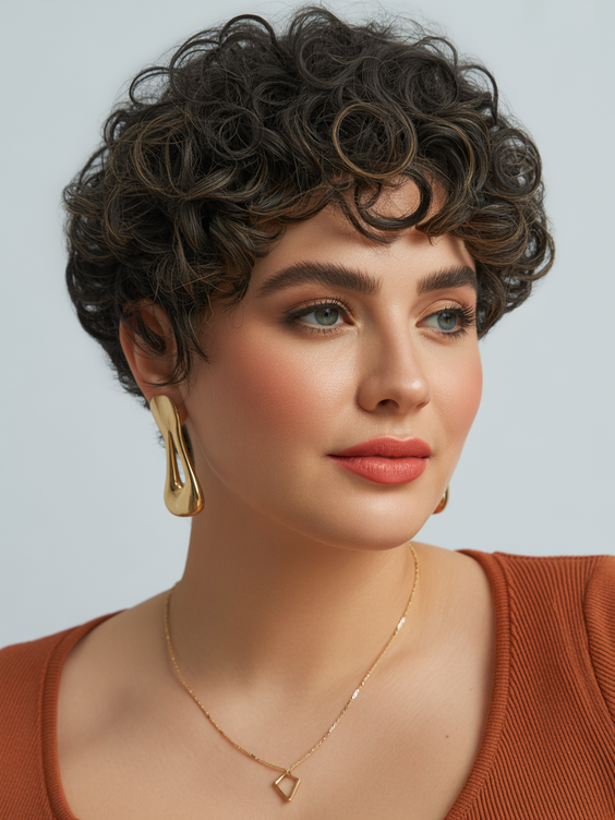 trendy hairstyles for chubby faces 2026 defined short curls with contouring volume