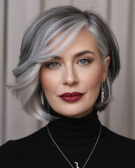 trendy hairstyles for chubby faces 2026 sleek silver bob with sweeping layers