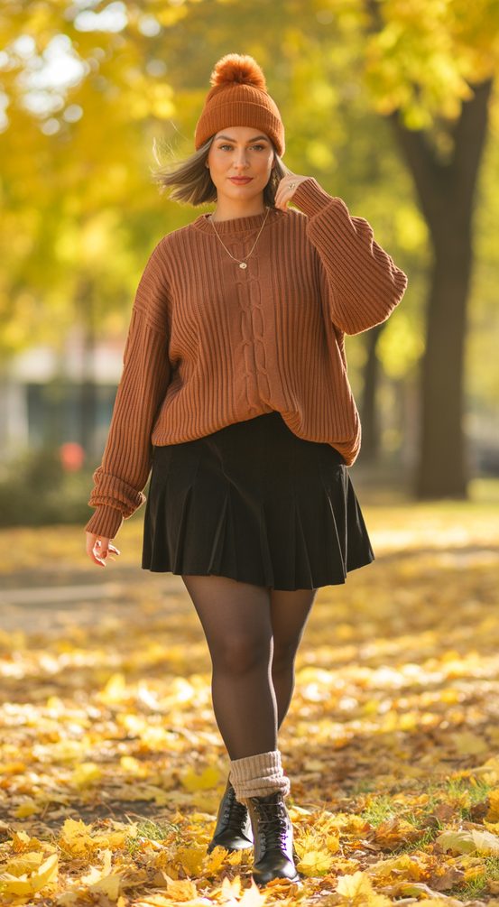 Trendy midsize outfits 2026 Autumn Knit Layers With Playful Movement