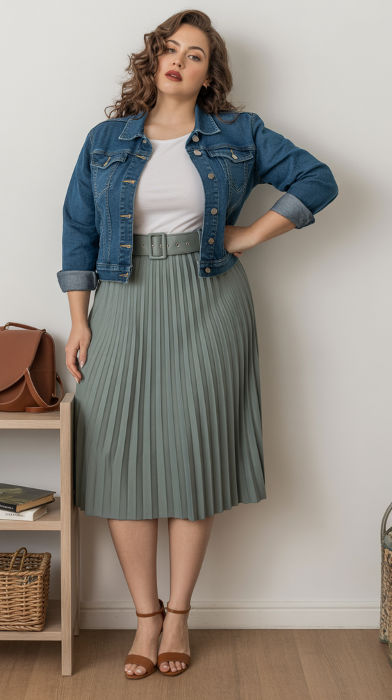 Trendy midsize outfits 2026 Denim Jacket With Soft Pleated Balance
