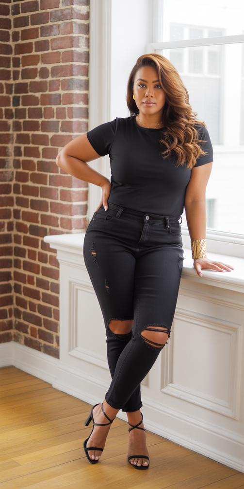 Trendy midsize outfits 2026 All Black Denim With City Edge