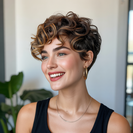 pixie haircuts Curly Dimensional Pixie With Golden Highlights