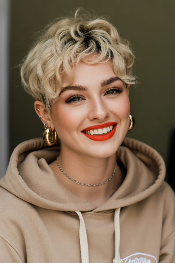 pixie haircuts Golden Curly Pixie With Soft Baby Waves