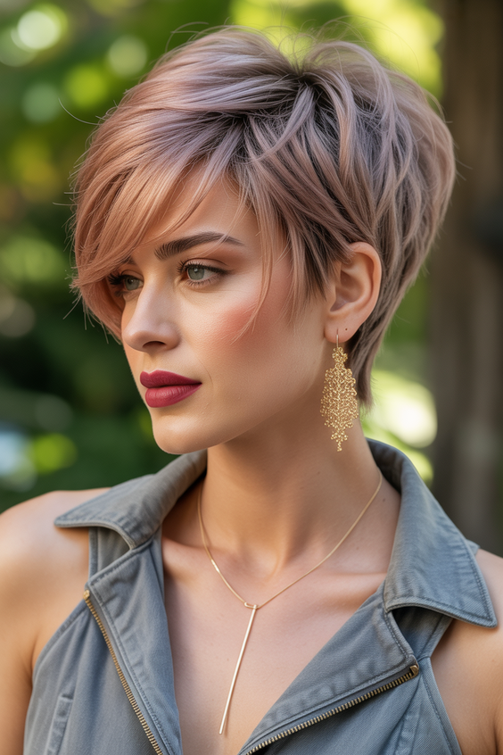pixie haircuts Pastel Pink Pixie With Layered Volume