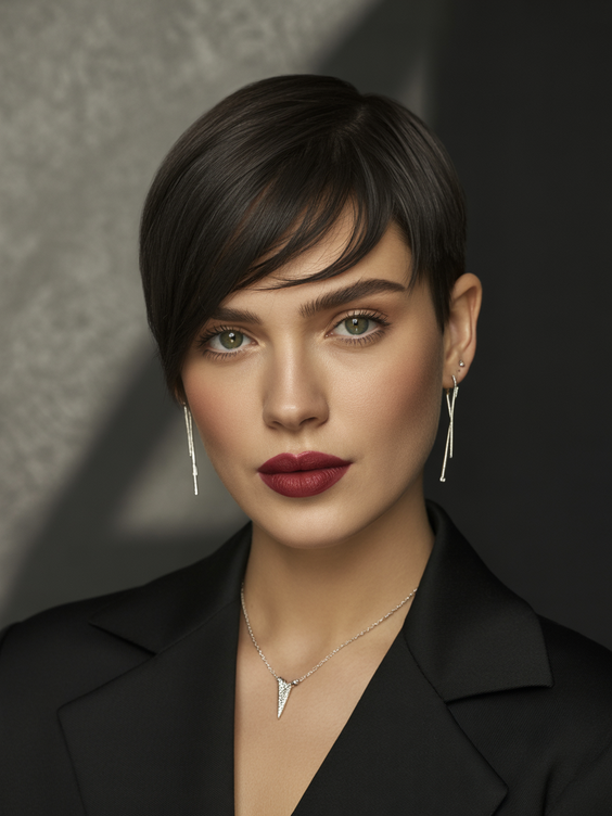 pixie haircuts Jet Black Sleek Pixie With Tapered Sides