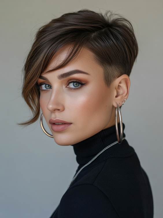 pixie haircuts Asymmetrical Brunette Pixie With Shaved Detail