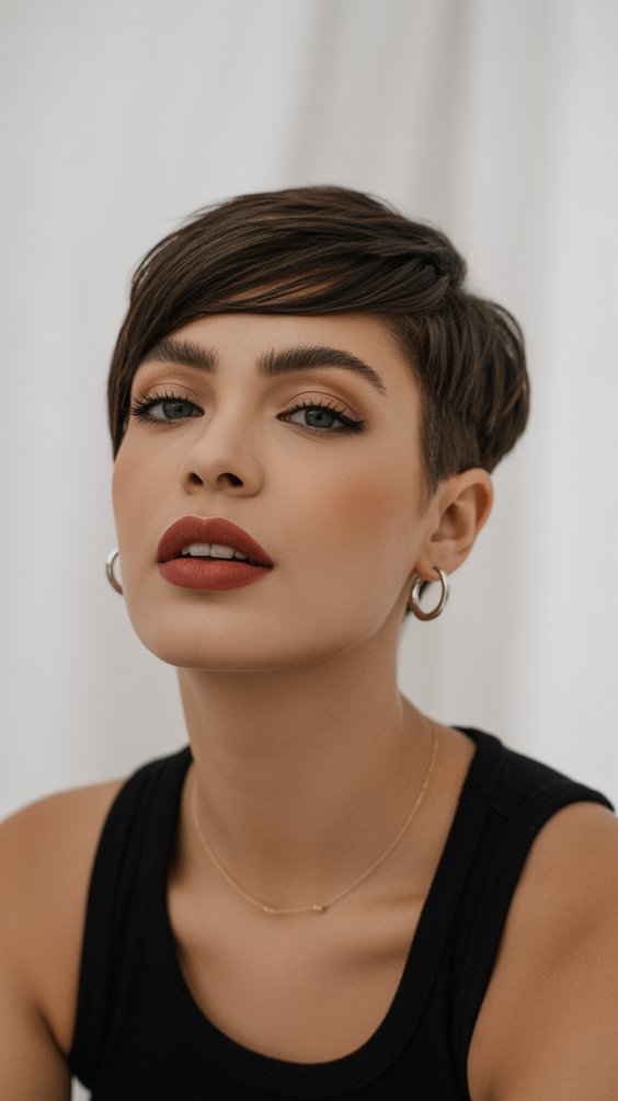 pixie haircuts Polished Deep Chocolate Pixie With Sleek Lines