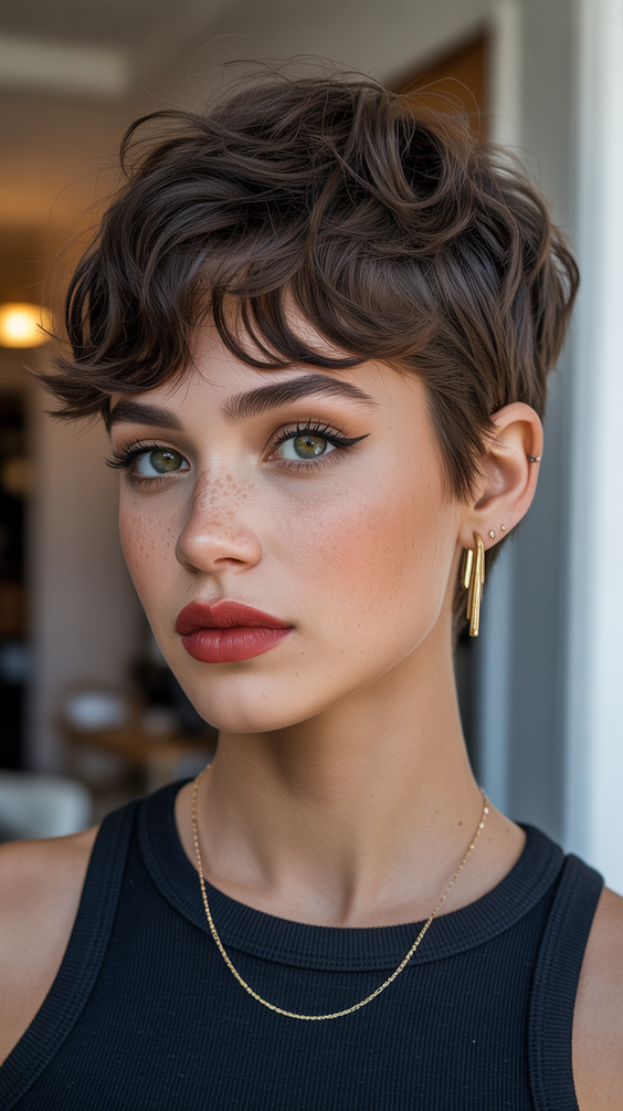 pixie haircuts Playful Textured Brunette Pixie With Messy Layers
