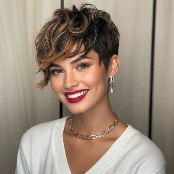 pixie haircuts High Contrast Pixie With Warm Caramel Waves