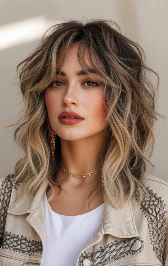 trendy shag haircut 2026 rooted caramel shag with dimensional waves