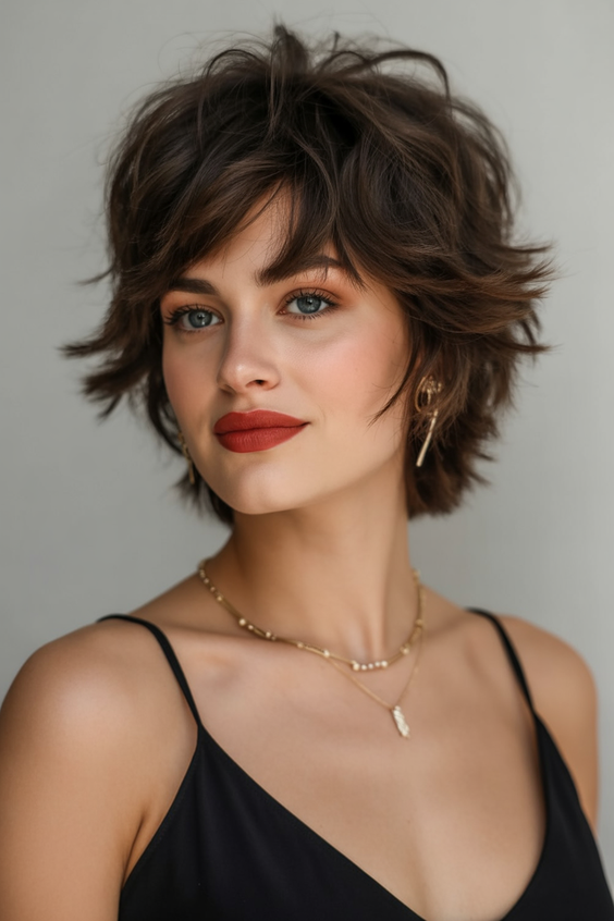 trendy shag haircut 2026 short sculpted cocoa shag with airy ends