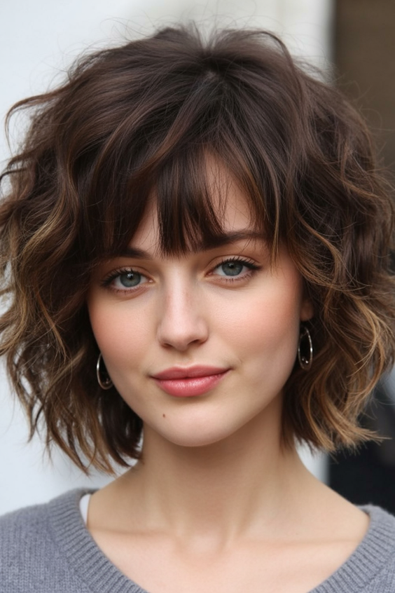 trendy shag haircut 2026 curly chestnut shag with soft baby bangs