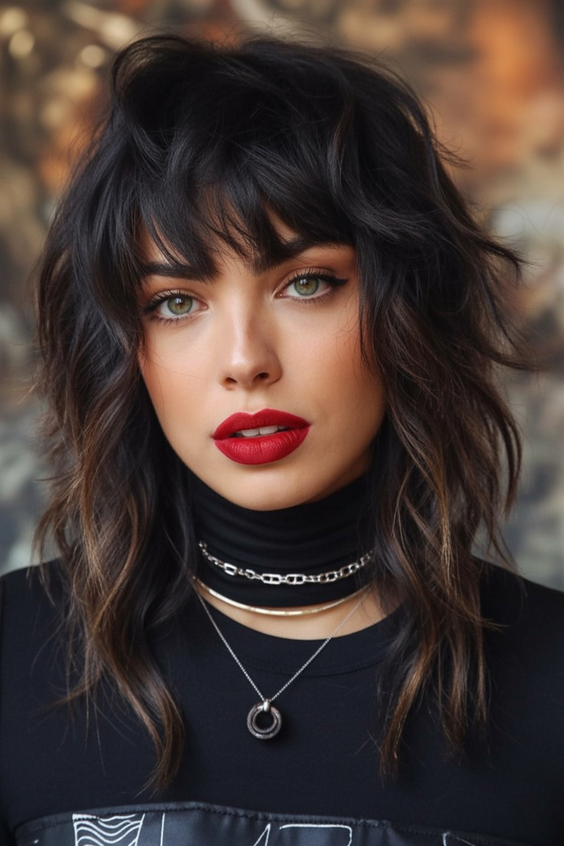 trendy shag haircut 2026 classic black shag with wavy volume