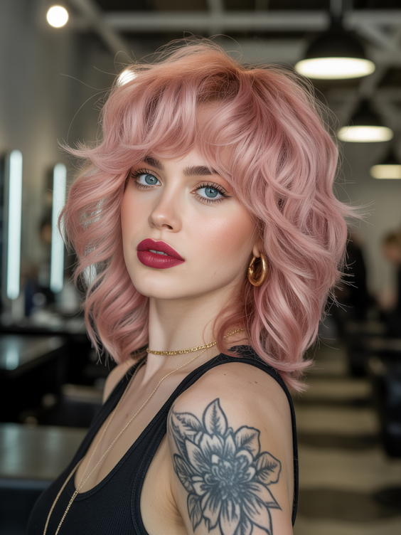 trendy shag haircut 2026 rosy velvet shag with sculpted waves