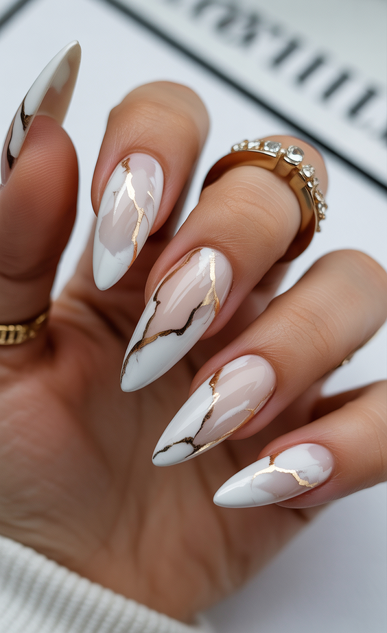 white nails inspiration 2026 white marble gold almond