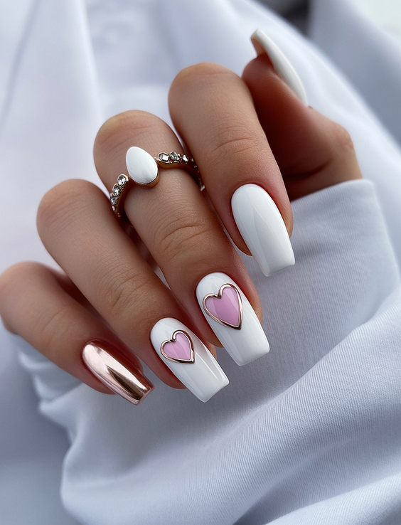 white nails inspiration 2026 pink heart white