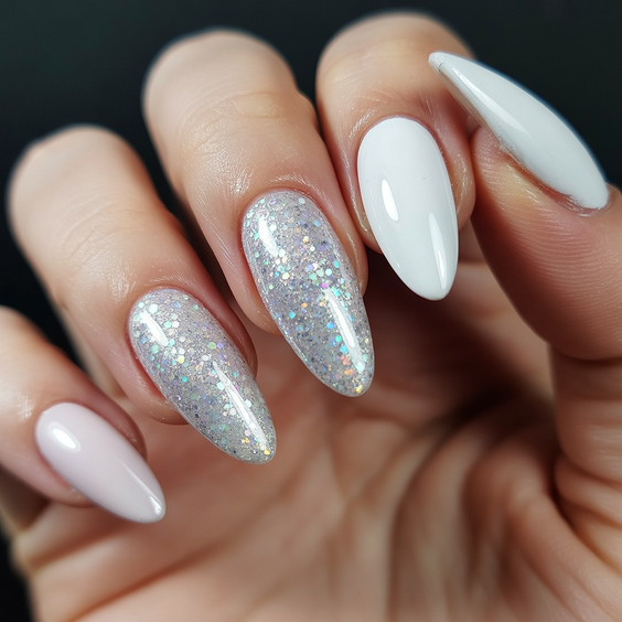 white nails inspiration 2026 glitter accent almond