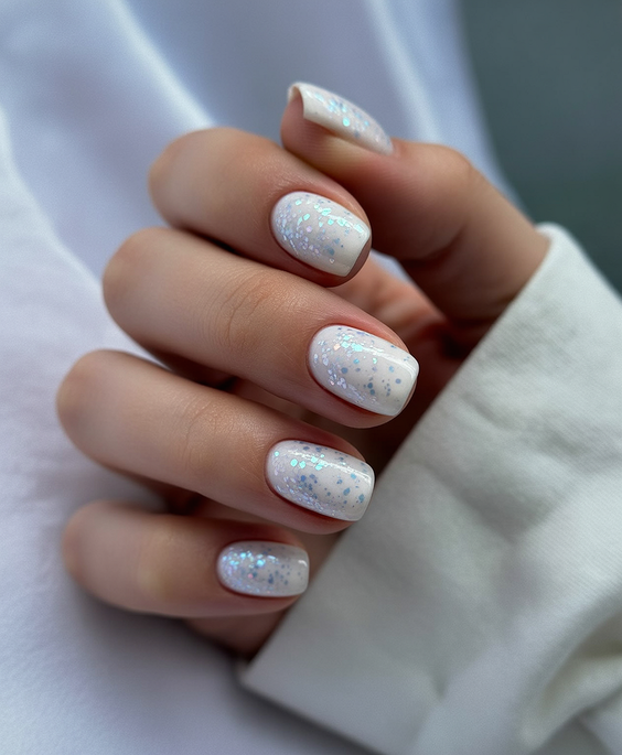 white nails inspiration 2026 short milky iridescent