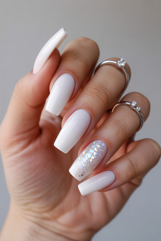 white nails inspiration 2026 coffin glitter accent