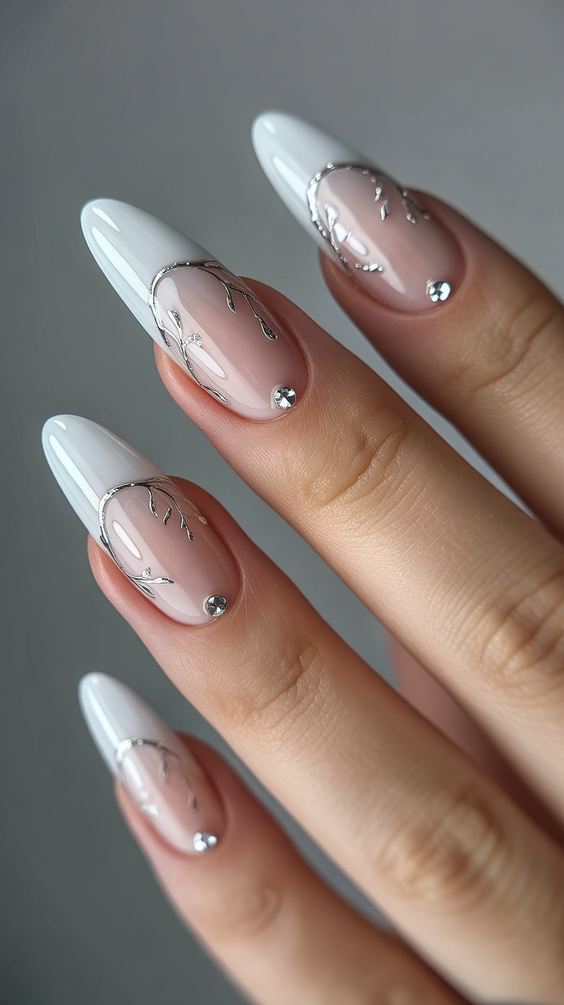 white nails inspiration 2026 silver line art almond