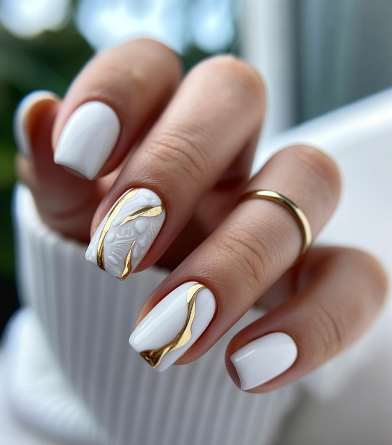 white nails inspiration 2026 short white gold art