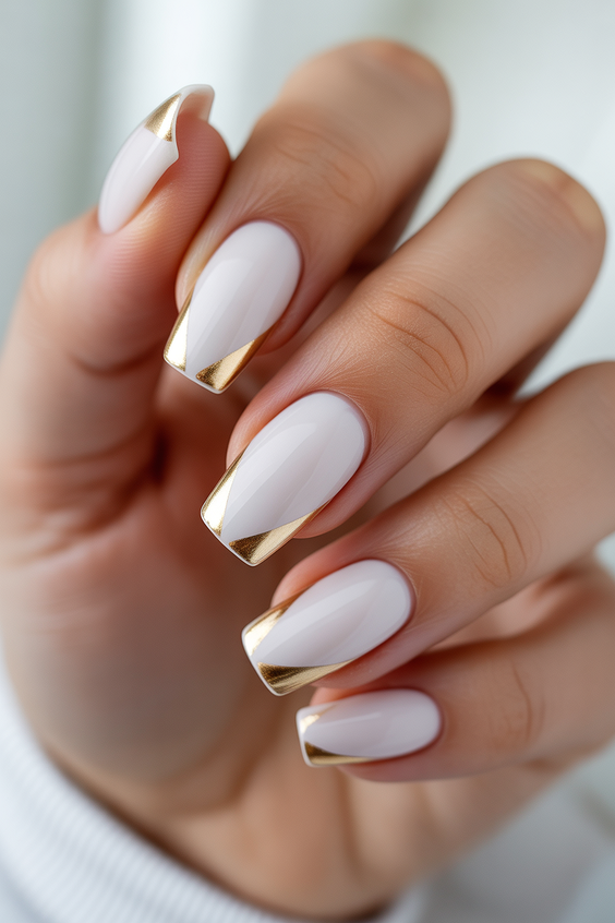 white nails inspiration 2026 gold french tip