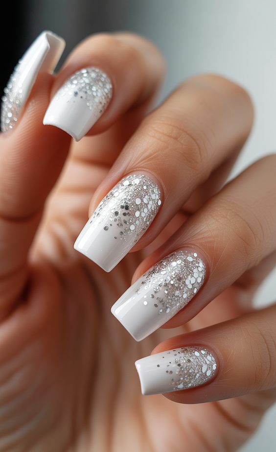 white nails inspiration 2026 square glitter fade