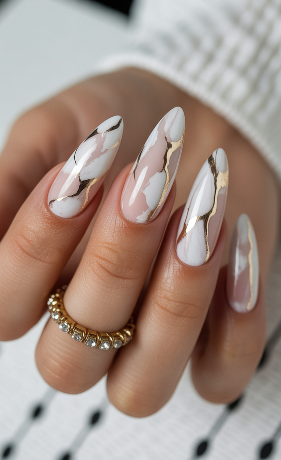 white nails inspiration 2026 abstract marble almond