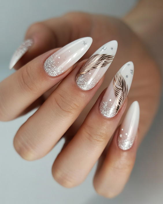 white nails inspiration 2026 feather art glitter