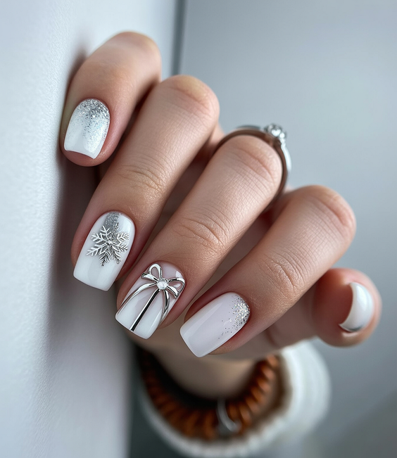 white nails inspiration 2026 short snowflake